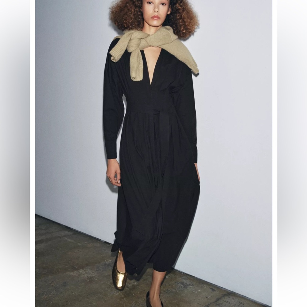 NWT Zara Black Pleated Cotton Midi Dress With Belt